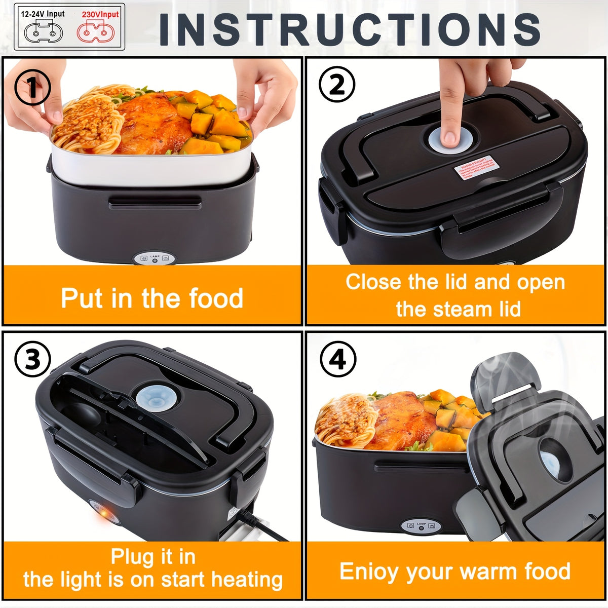 Boîte à lunch avec puissance de 80 W, capacité de 1,5 L pour adultes, boîte à lunch thermique, boîte à lunch chauffante portable pour les sorties, livrée avec sac isotherme et couverts, convient pour chauffer les repas dans les camions et les voitures
