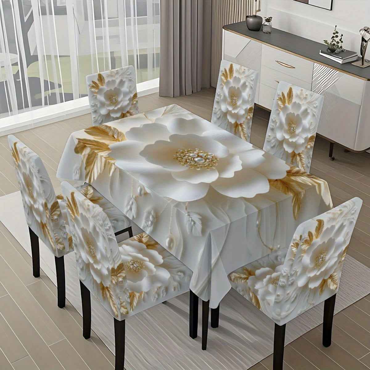 5pcs/7pcs white Golden flower pearl decoration tablecloth and chair cover set, 5pcs include 1 tablecloth and 4 chair covers, 7pcs include 1 tablecloth and 6 chair covers. Washable rectangular tablecloth and chair covers, suit