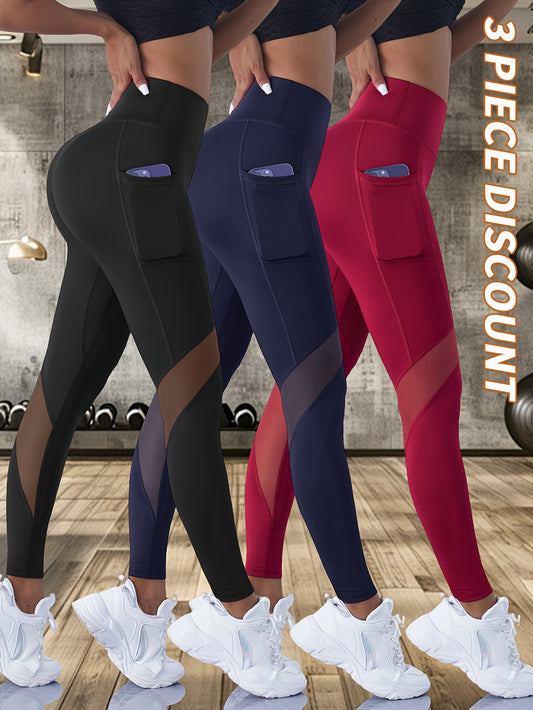 3pcs Women's High-Waist Yoga Leggings - Sweat Absorbent, Butt-Lifting, Breathable Workout Pants for Outdoor Fitness & Casual Wear (Black, Navy Blue, Red) - Topdecheztop.fr