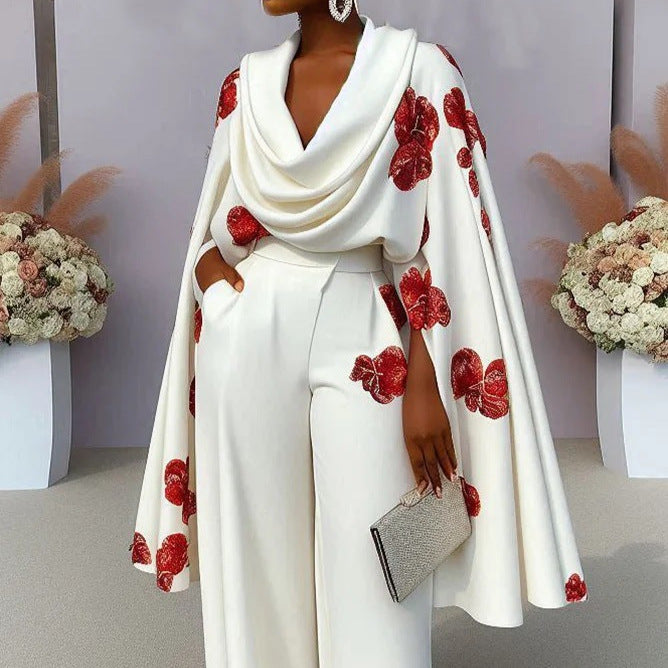 Ensemble deux pièces pantalon et col roulé imprimé à manches longues