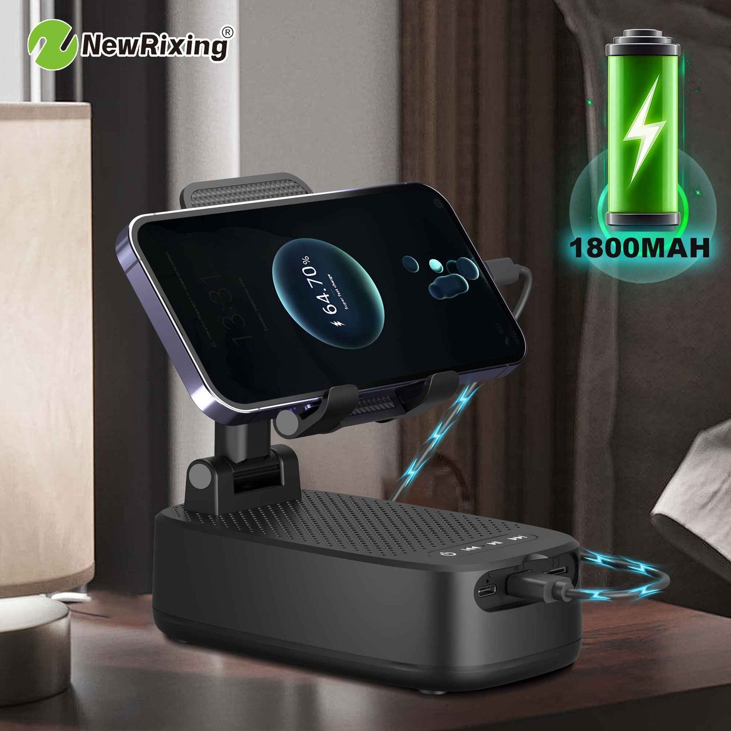 NewRixing 6W Wireless Speaker with Phone Holder, TWS Dual Pairing, 1800mAh Battery, Hands-Free Call Function, Power Bank, 6-Hour Playtime, Hi-Fi Sound Quality, Loud Stereo & Deep Bass, USB-C Charging, Indoor/Outdoor Use | Adj