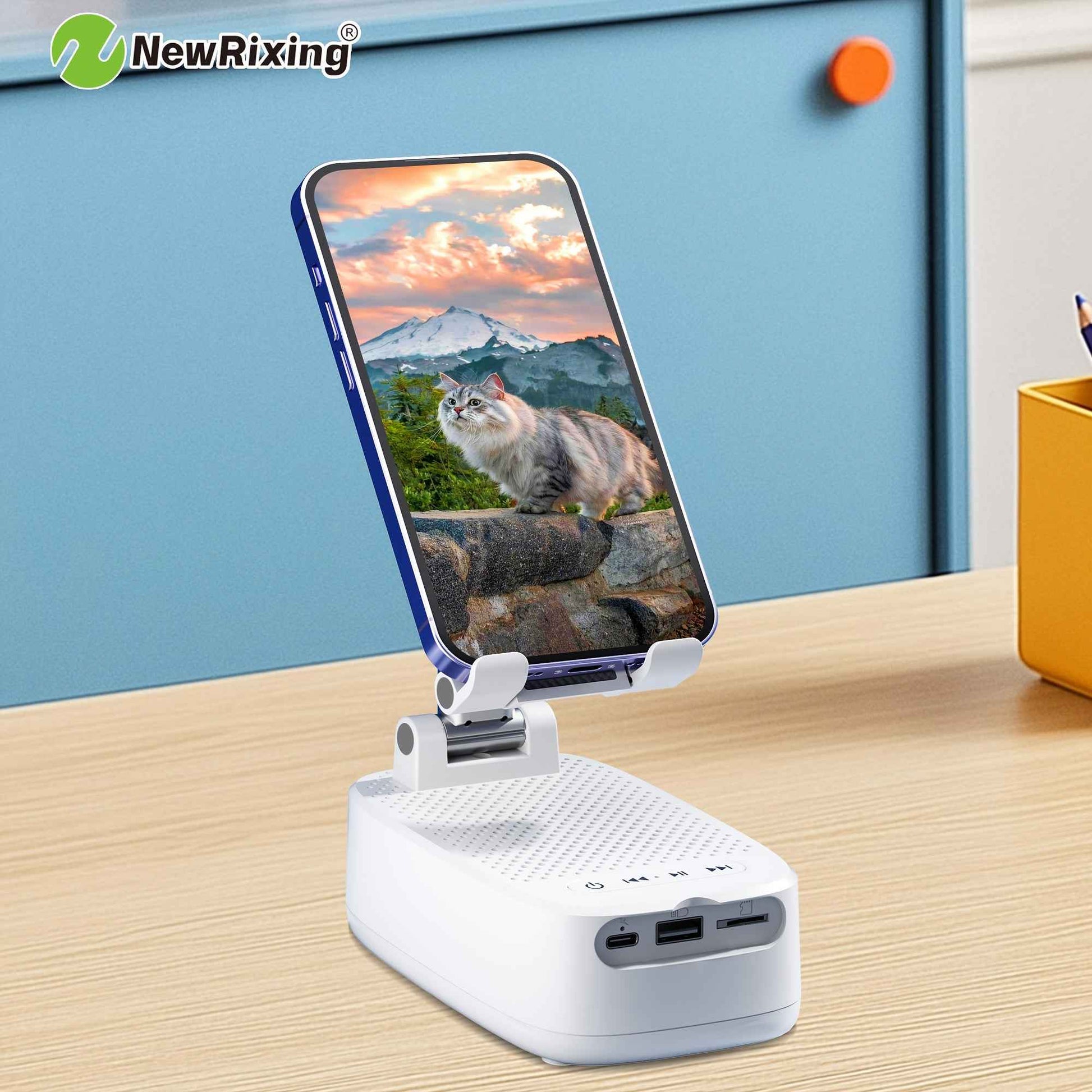 NewRixing 6W Wireless Speaker with Phone Holder, TWS Dual Pairing, 1800mAh Battery, Hands-Free Call Function, Power Bank, 6-Hour Playtime, Hi-Fi Sound Quality, Loud Stereo & Deep Bass, USB-C Charging, Indoor/Outdoor Use | Adj