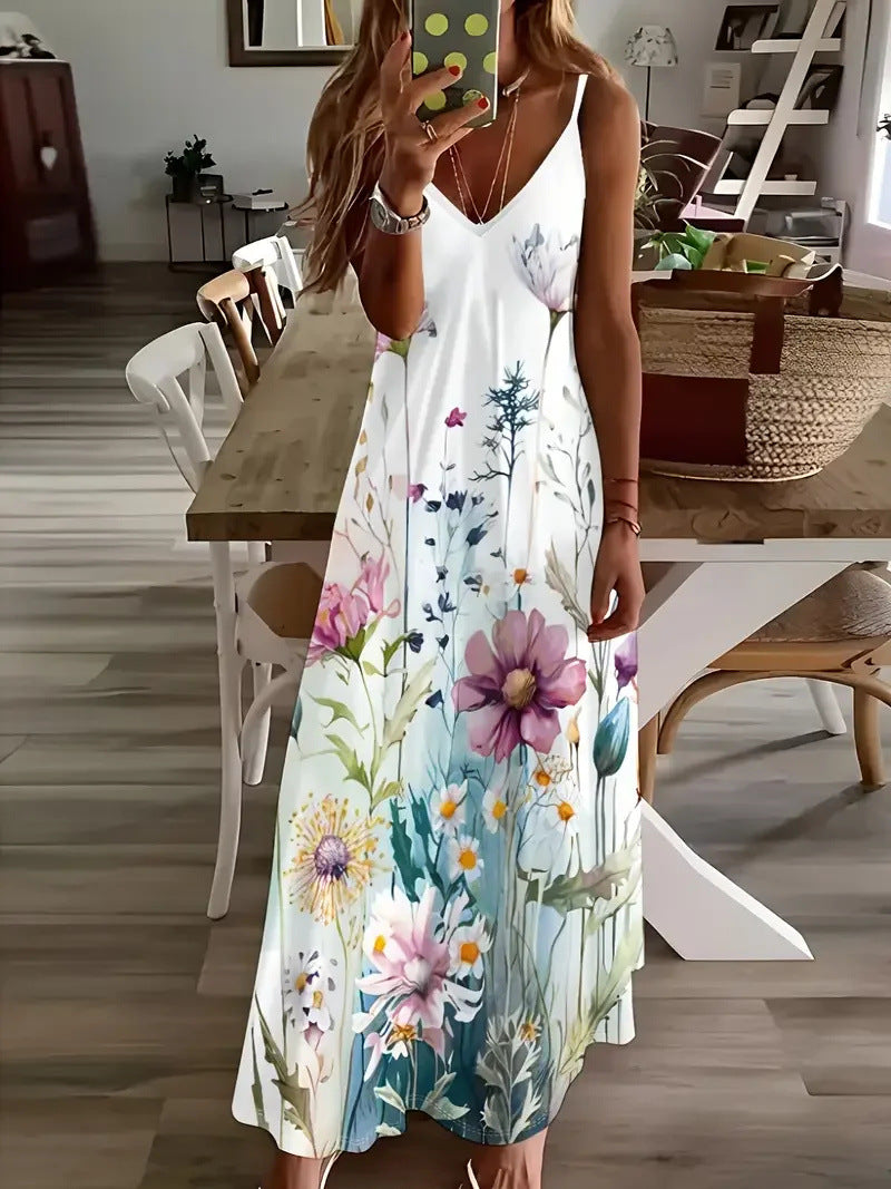 Robe longue sans manches pour femme, imprimée