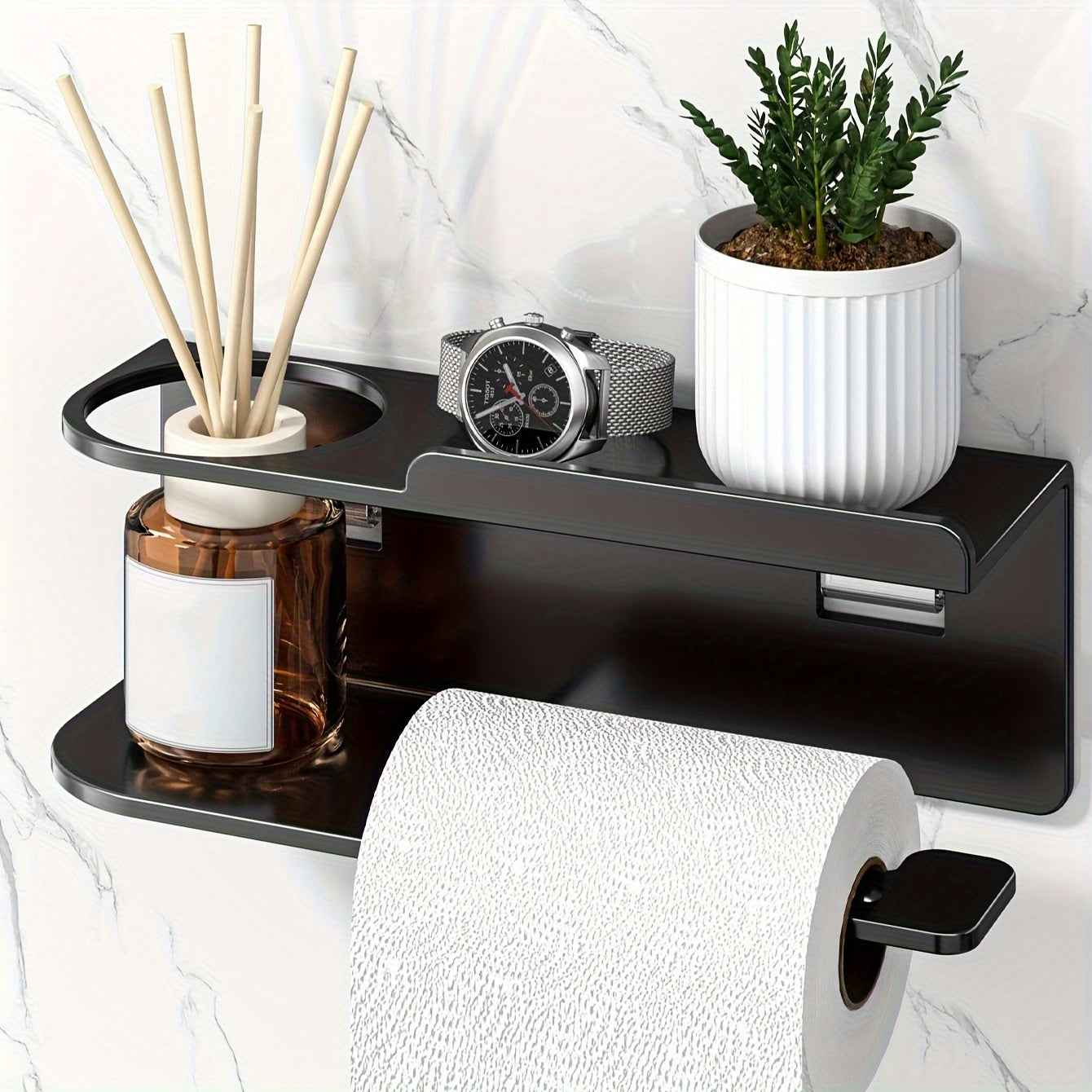 Wall-Mounted Tissue Holder with Bathroom Perfume Organizer - Stylish Black Multi-Functional Kitchen and Bath Storage, Space-Saving Design, Self-Adhesive Installation