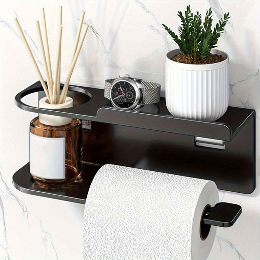 Wall-Mounted Tissue Holder with Bathroom Perfume Organizer - Stylish Black Multi-Functional Kitchen and Bath Storage, Space-Saving Design, Self-Adhesive Installation
