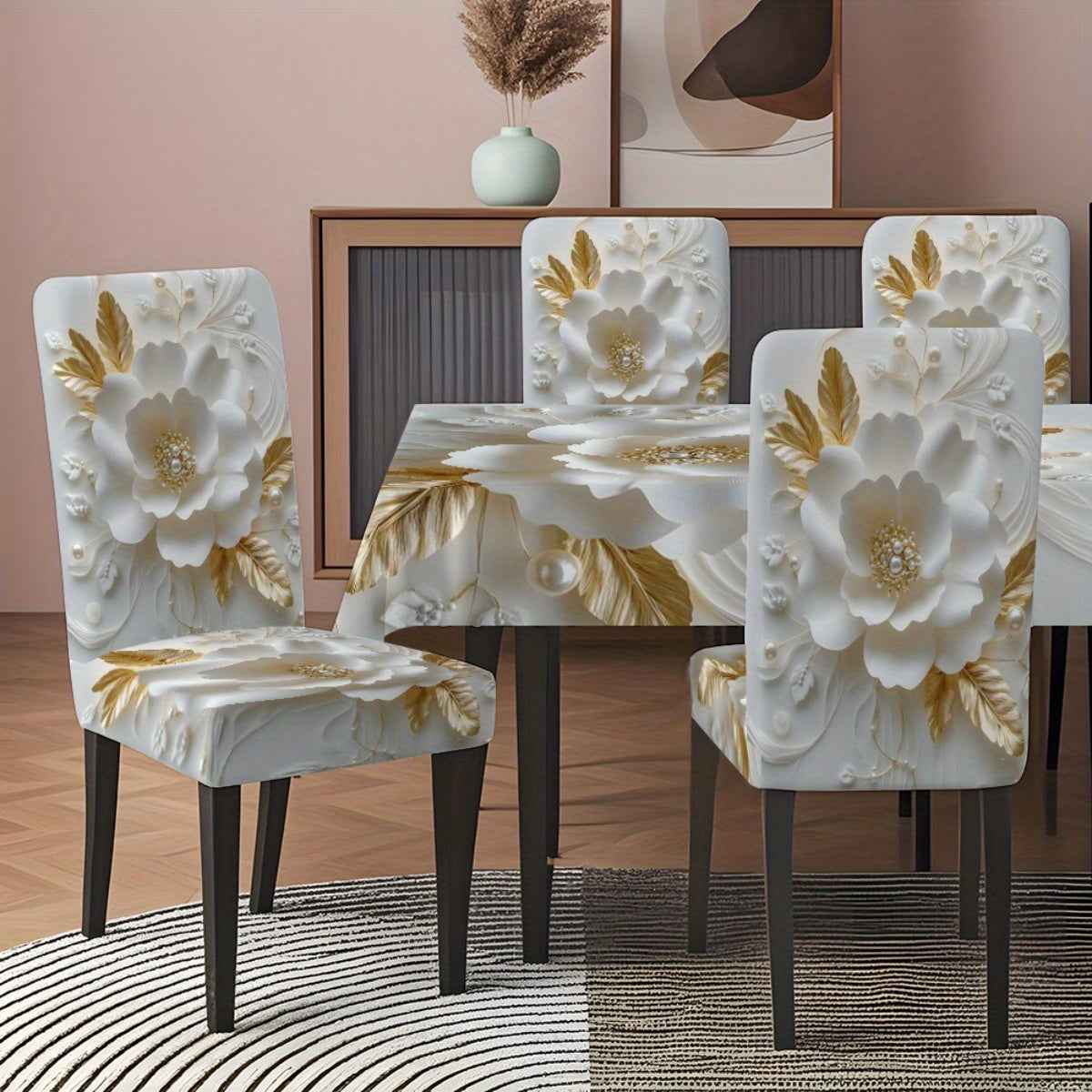 5pcs/7pcs white Golden flower pearl decoration tablecloth and chair cover set, 5pcs include 1 tablecloth and 4 chair covers, 7pcs include 1 tablecloth and 6 chair covers. Washable rectangular tablecloth and chair covers, suit