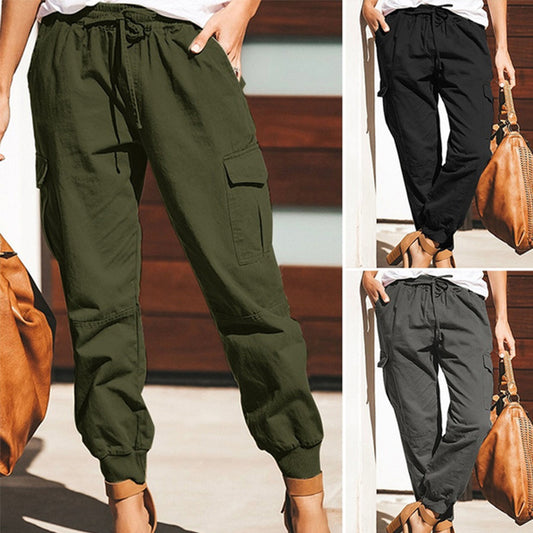 Pantalon cargo à lacets et poches, couleur unie, style décontracté - Topdecheztop.fr
