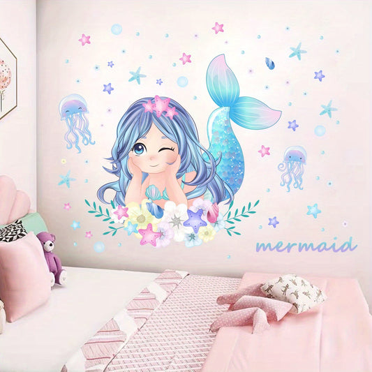 1pc Creative Wall Sticker, Cute Cartoon Mermaid Jellyfish Starfish Pattern Self-Adhesive Wall Stickers, Bedroom Entryway Living Room Porch Home Decoration Wall Stickers, Wall Decor Decals - Topdecheztop.fr