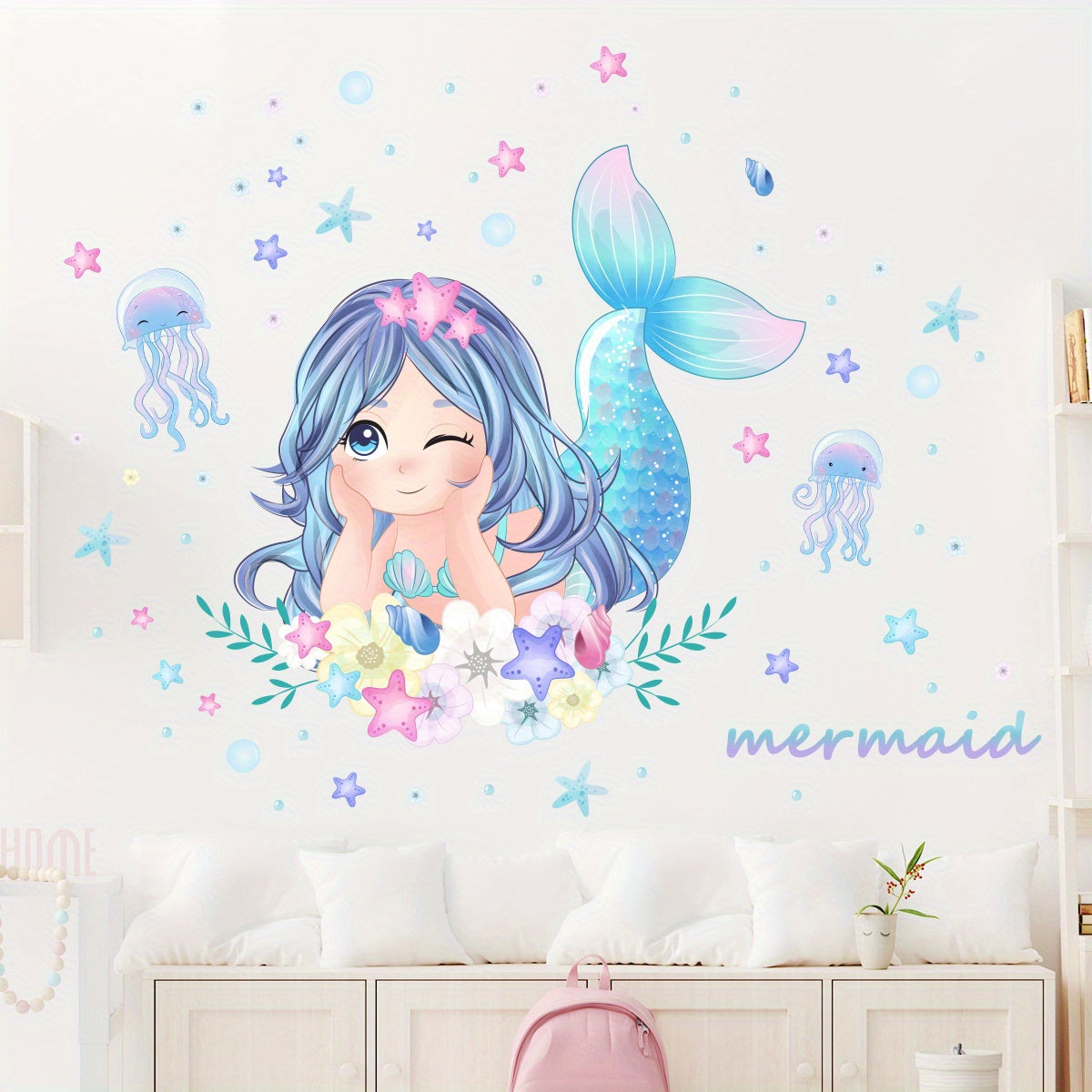 1pc Creative Wall Sticker, Cute Cartoon Mermaid Jellyfish Starfish Pattern Self-Adhesive Wall Stickers, Bedroom Entryway Living Room Porch Home Decoration Wall Stickers, Wall Decor Decals - Topdecheztop.fr