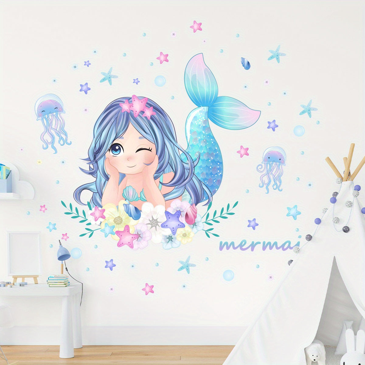 1pc Creative Wall Sticker, Cute Cartoon Mermaid Jellyfish Starfish Pattern Self-Adhesive Wall Stickers, Bedroom Entryway Living Room Porch Home Decoration Wall Stickers, Wall Decor Decals - Topdecheztop.fr