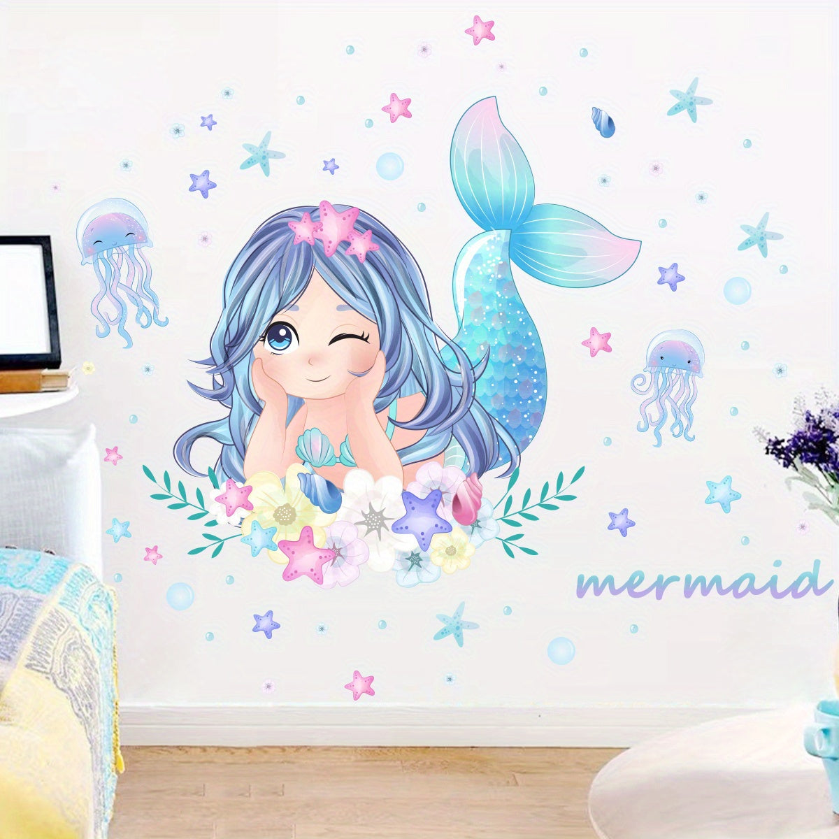 1pc Creative Wall Sticker, Cute Cartoon Mermaid Jellyfish Starfish Pattern Self-Adhesive Wall Stickers, Bedroom Entryway Living Room Porch Home Decoration Wall Stickers, Wall Decor Decals - Topdecheztop.fr