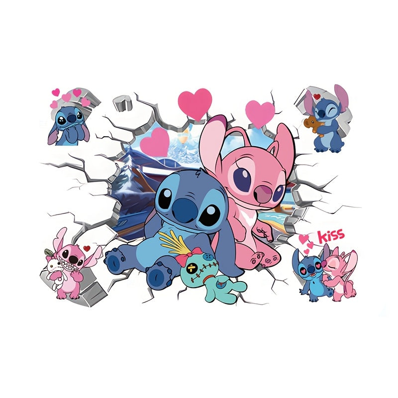 Stitch & Angel Heart Break Wall Decal - Large Waterproof PVC Sticker, Perfect for Bedroom & Playroom Decor, Featuring Beloved Cartoon Characters with Love Theme - Topdecheztop.fr