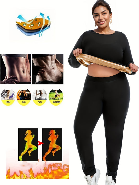 Set Of 2 Plus-size Women's Sportswear, Sauna Yoga Set, With Internal Sweat-absorbing Coating, Moisture-wicking, Yoga And Fitness Clothing, Plus-size Long-sleeved Top And Sauna Pants - Topdecheztop.fr