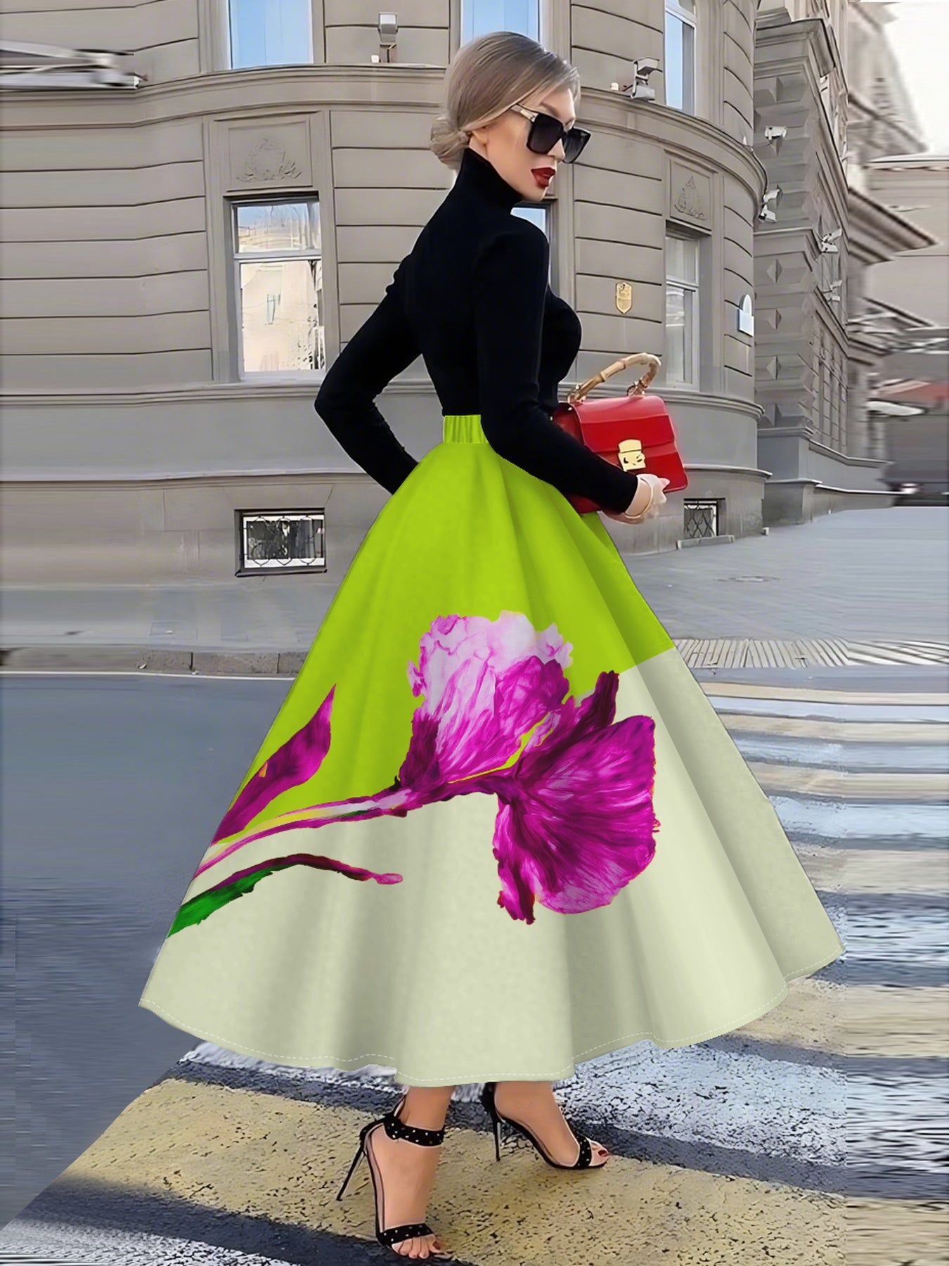 Jupe mi-longue élégante pour femme, imprimée de fleurs et d'orchidées roses