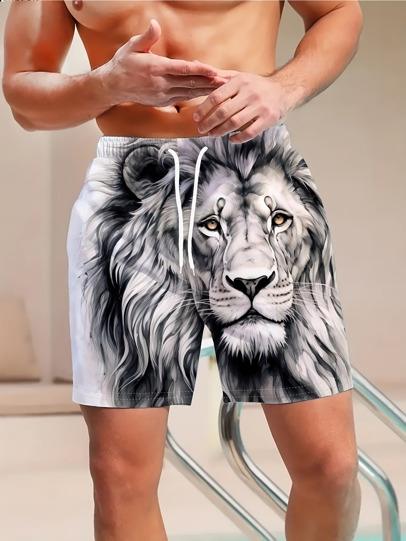 Short de bain homme à imprimé lion fantaisie, style décontracté