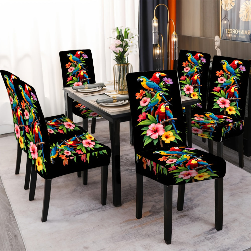 6 housses de chaises de salle à manger élastiques noires à motif floral