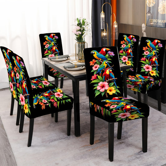 6 housses de chaises de salle à manger élastiques noires à motif floral