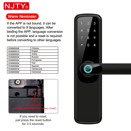 Serrure connectée NJTY TUYA, serrure à combinaison, serrure à empreinte digitale, déverrouillage via application, lecteur de cartes
