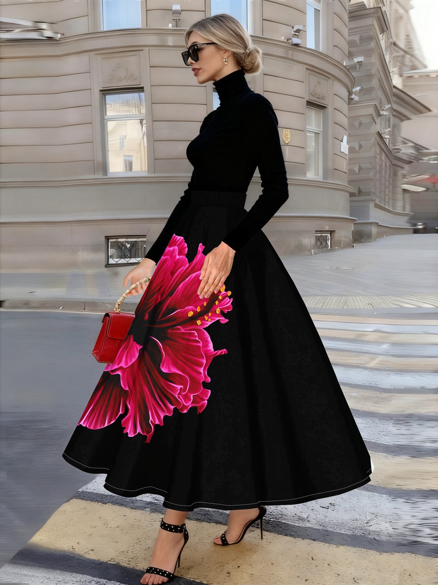 Jupe femme , fond noir quatre saisons avec motif de grandes fleurs