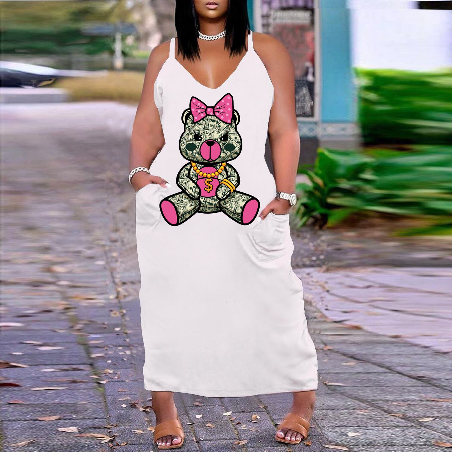 Robe imprimée sexy à col en V, coupe ample et ajustée, grande taille, style européen et américain