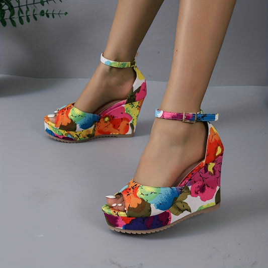 Sandales compensées , imprimé floral pour femmes - Topdecheztop.fr