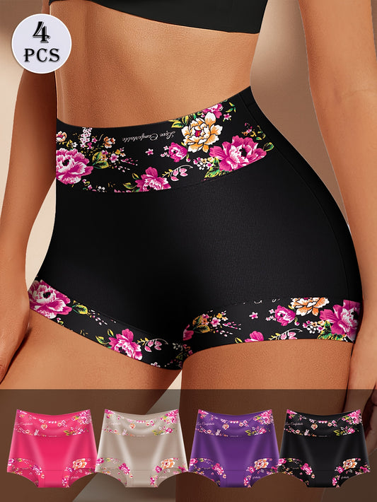 Lot de 4 boxers taille haute élégants à imprimé floral romantique pour femme