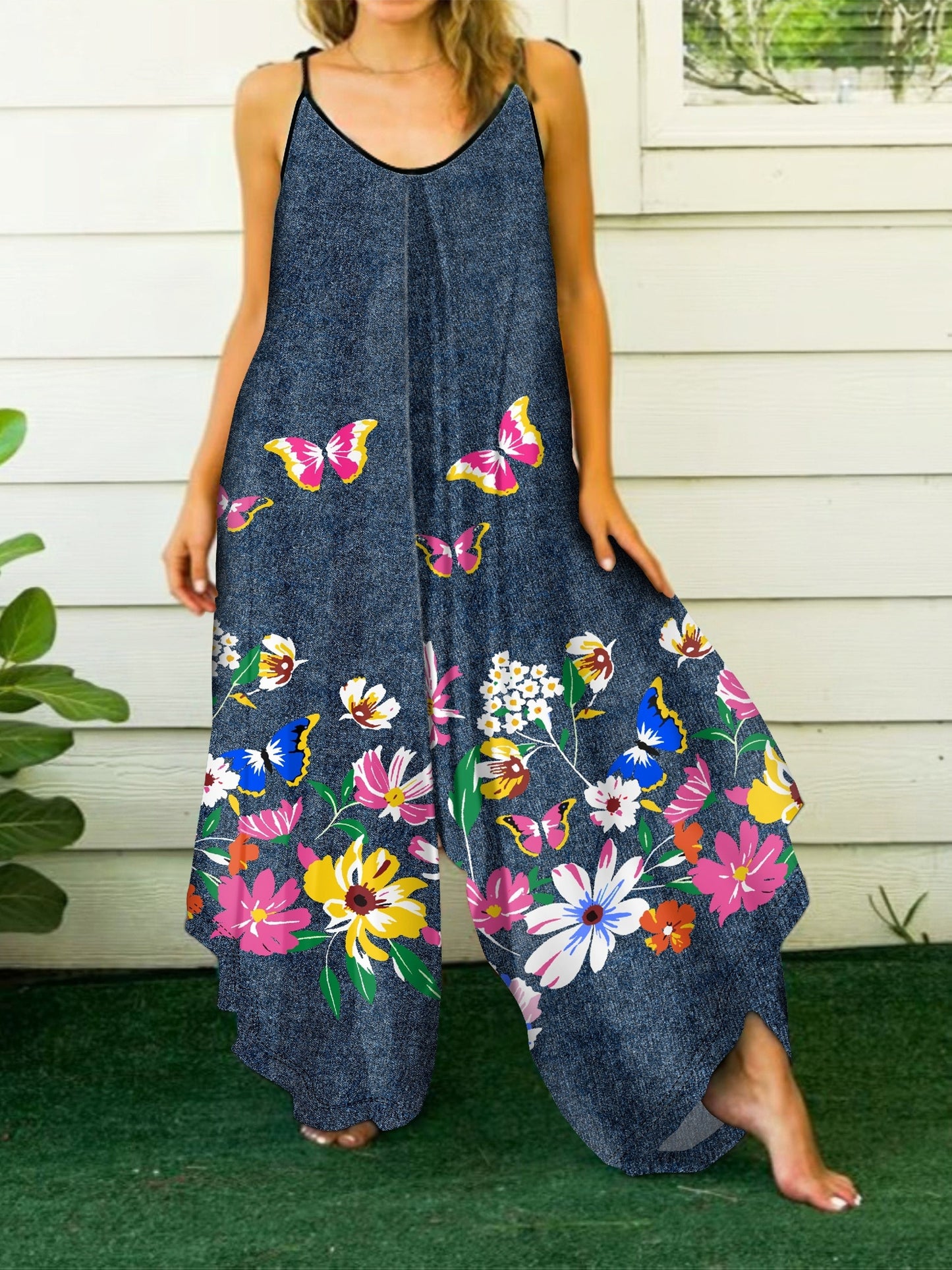 Combinaison grande taille à bretelles, style décontracté, imprimé papillons