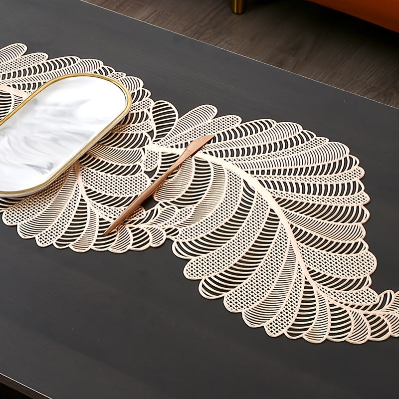 Leaf-Shaped PVC Hollow-Out Golden Stamping Non-Slip Table Runner - Decorative Plastic Table Runner 1pc for Dining and Coffee Table - Topdecheztop.fr
