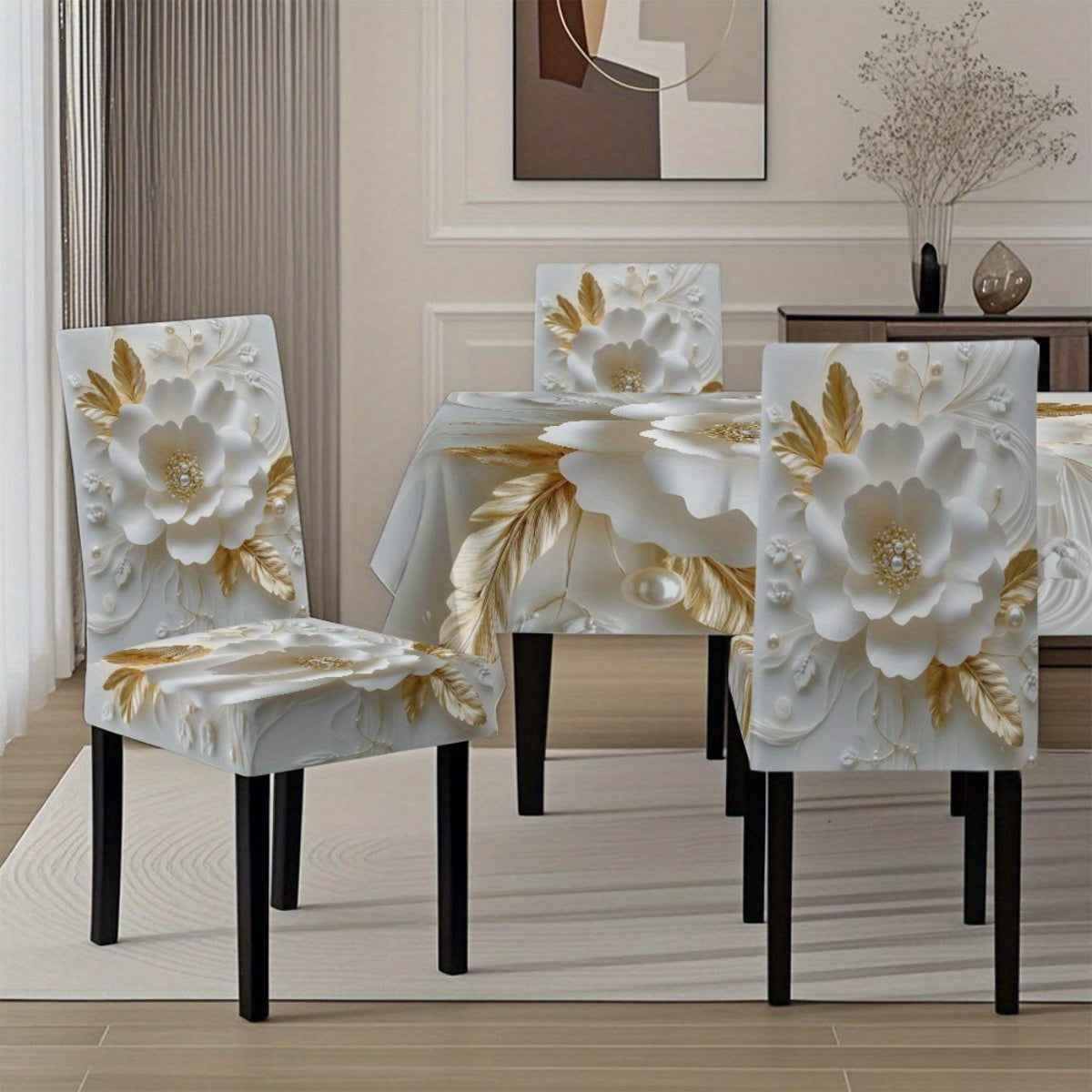 5pcs/7pcs white Golden flower pearl decoration tablecloth and chair cover set, 5pcs include 1 tablecloth and 4 chair covers, 7pcs include 1 tablecloth and 6 chair covers. Washable rectangular tablecloth and chair covers, suit