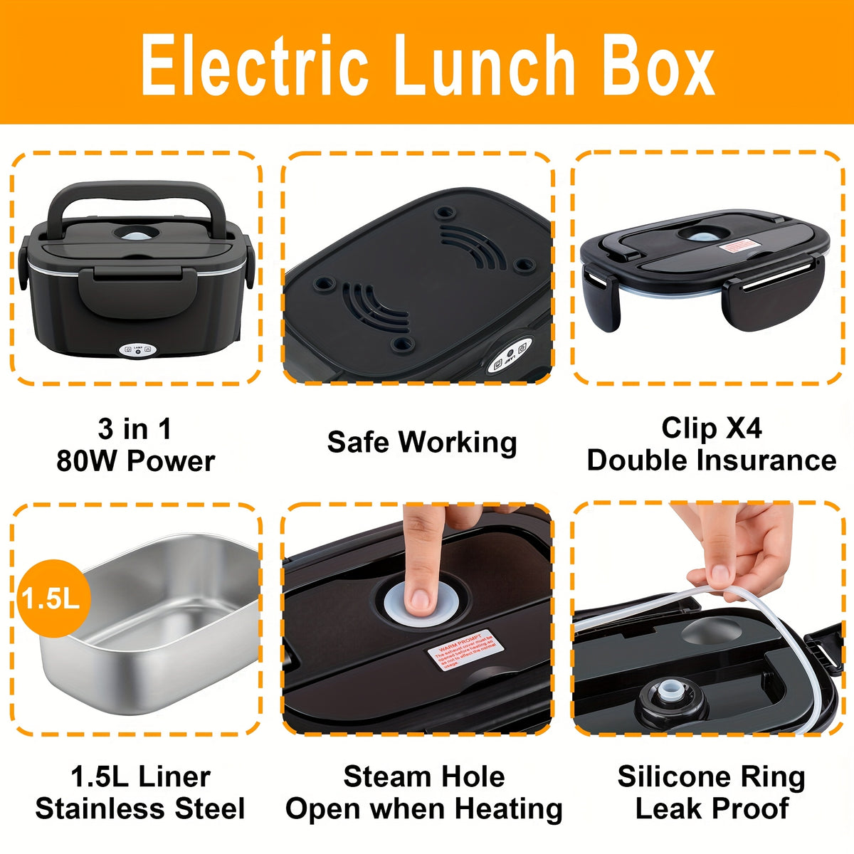 Boîte à lunch avec puissance de 80 W, capacité de 1,5 L pour adultes, boîte à lunch thermique, boîte à lunch chauffante portable pour les sorties, livrée avec sac isotherme et couverts, convient pour chauffer les repas dans les camions et les voitures