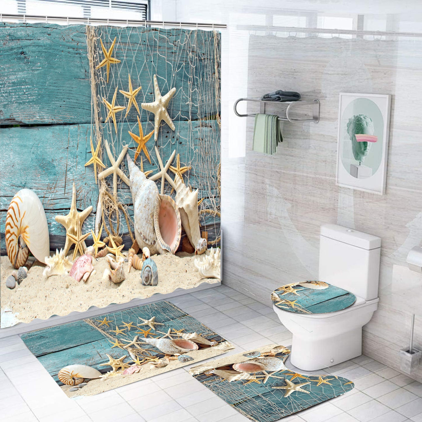 Rideau de douche de salle de bain avec tapis de sol et imprimé