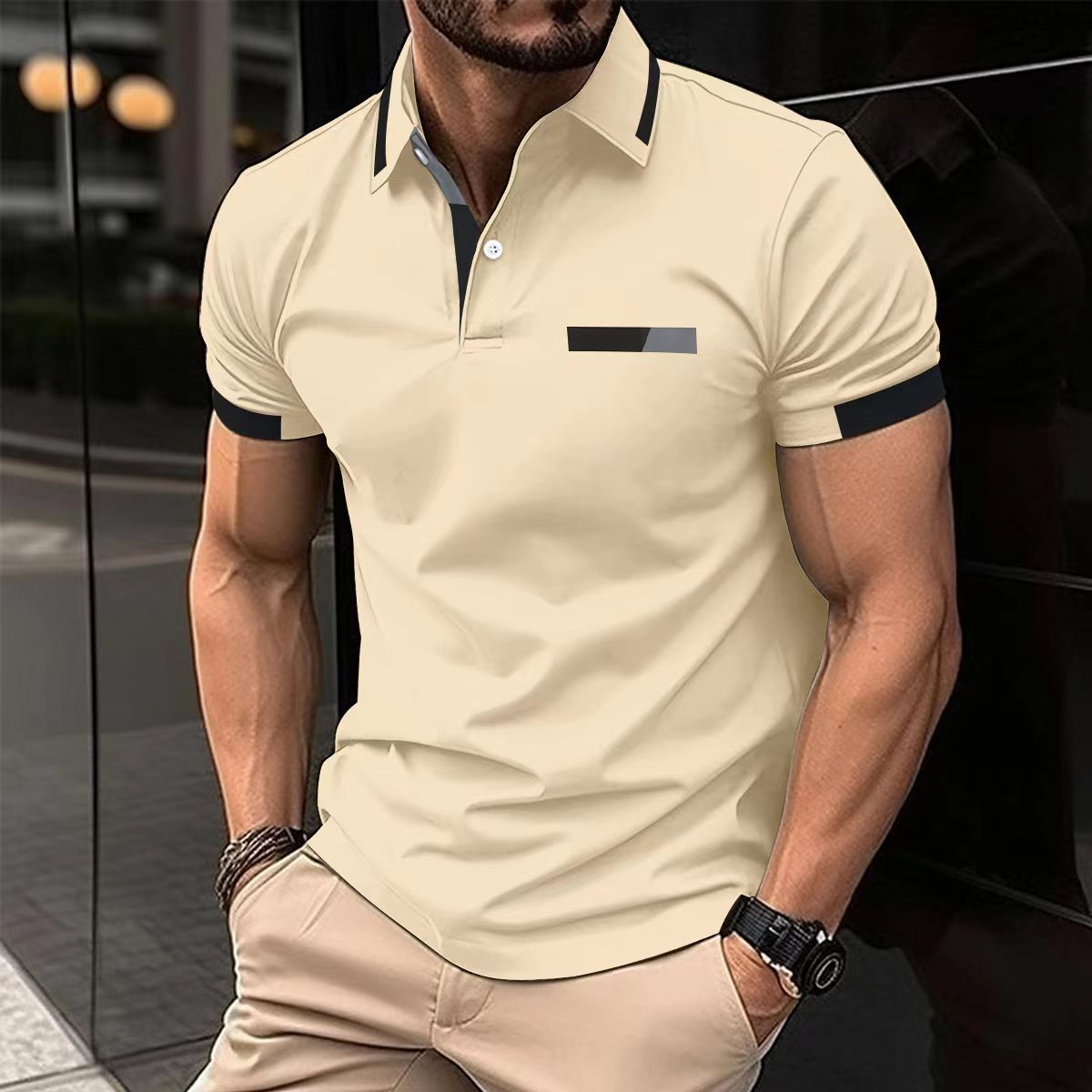 Polo décontracté pour homme, fausse poche poitrine, revers boutonné, style business
