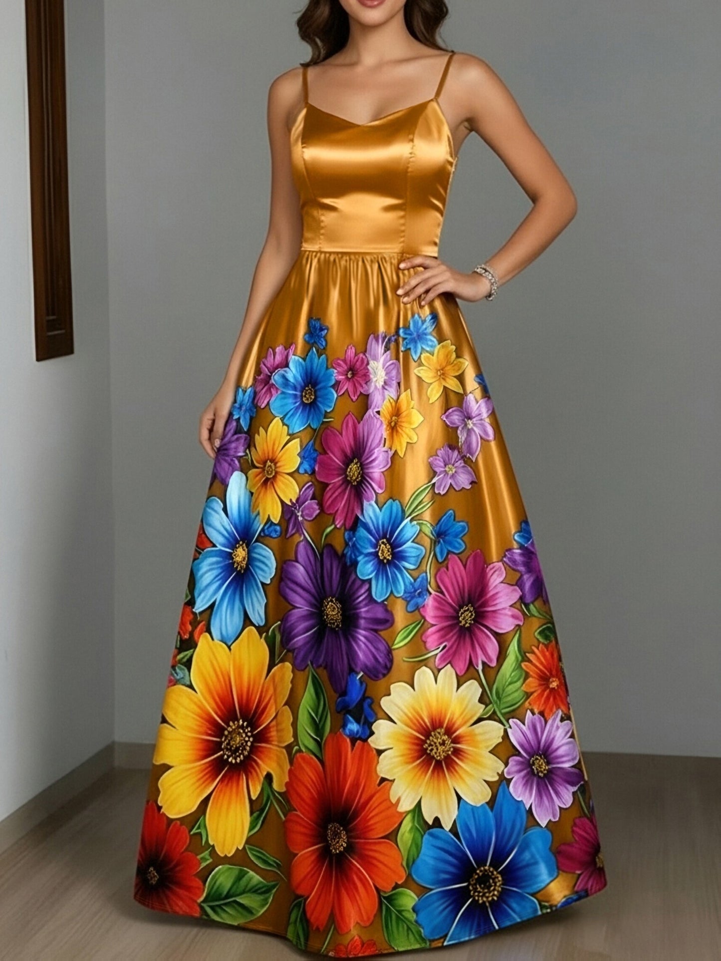 Robe élégante à bretelles spaghetti et imprimé floral