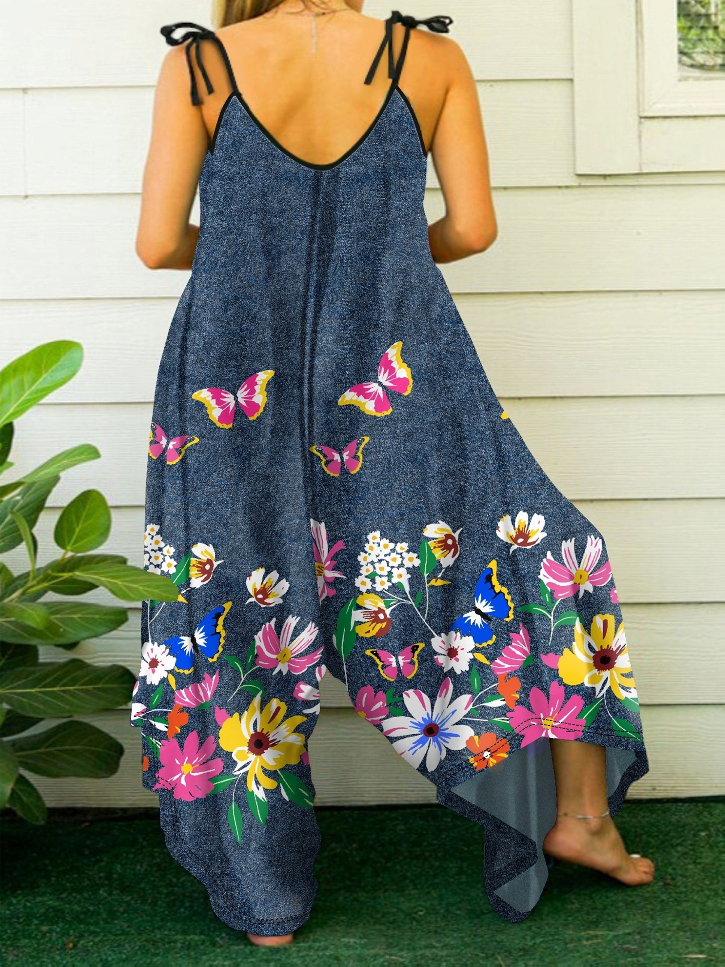 Combinaison grande taille à bretelles, style décontracté, imprimé papillons