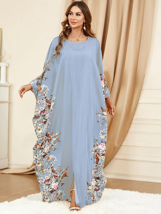 Ramadan Floral Print Crew Neck Kaftan, Elegant Batwing Sleeve Split Maxi Dress, Women's Clothing - Topdecheztop.fr