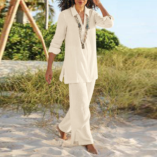 Costume pantalon rétro de style national de couleur unie en coton et lin - Topdecheztop.fr