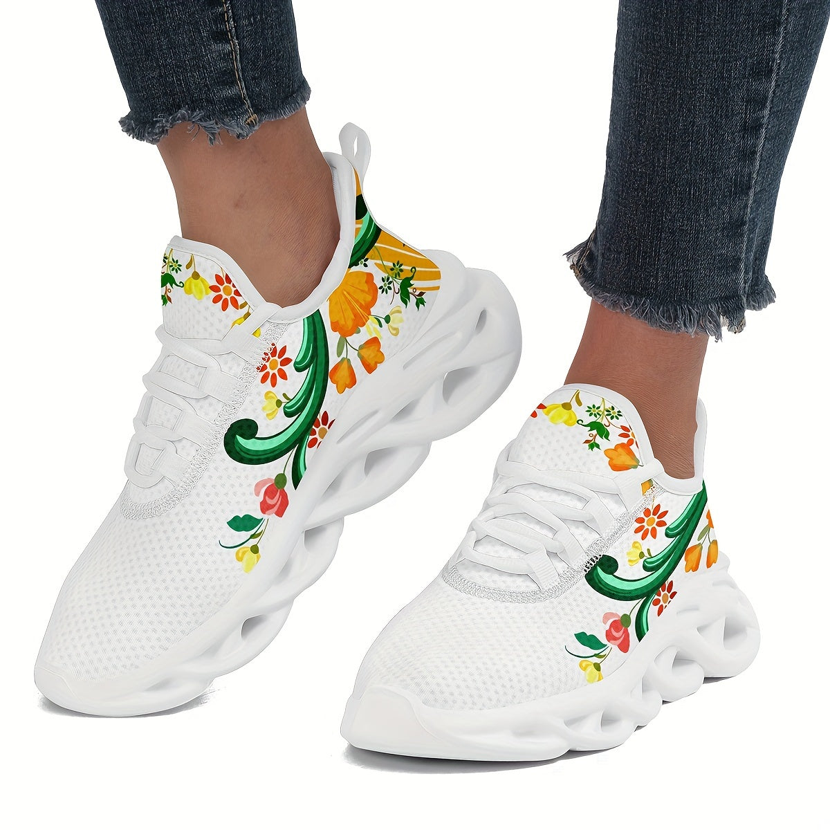 Chaussures de course à lacets à détails floraux pour femmes BLANC