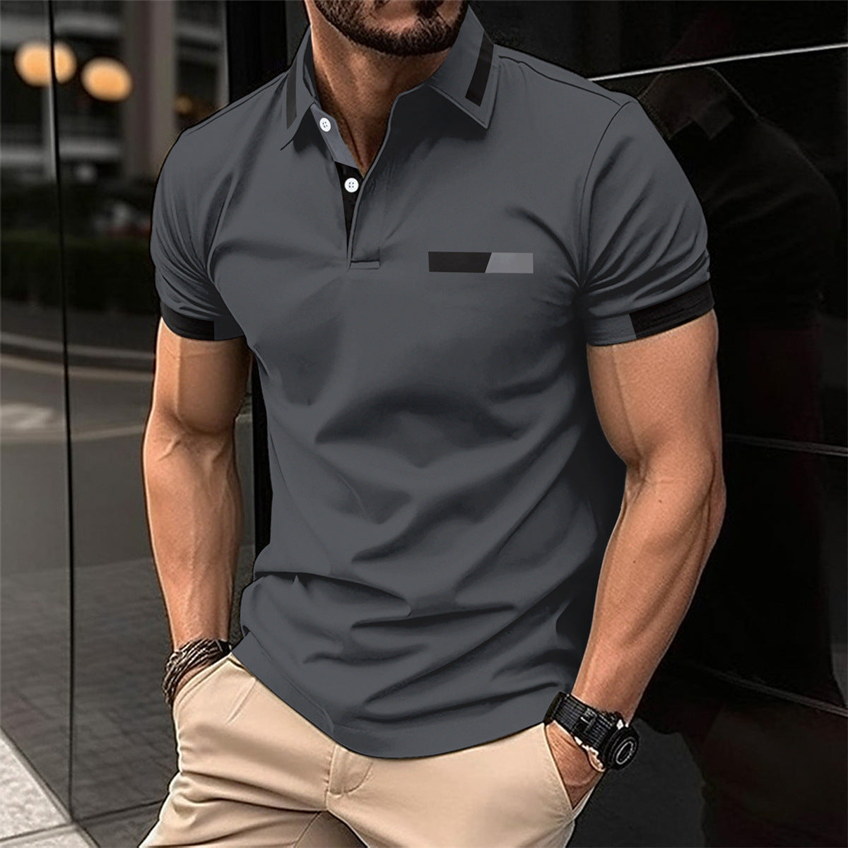 Polo décontracté pour homme, fausse poche poitrine, revers boutonné, style business