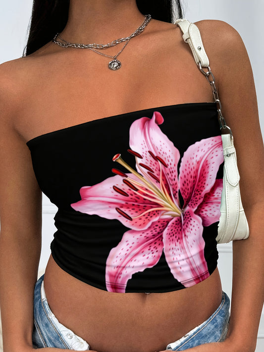 Top tube noir minimaliste à imprimé lys pour femme