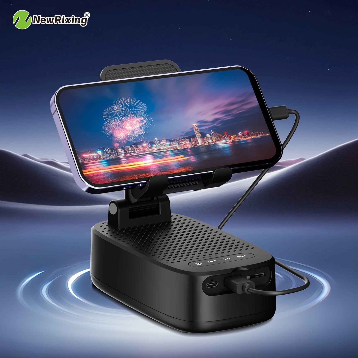 NewRixing 6W Wireless Speaker with Phone Holder, TWS Dual Pairing, 1800mAh Battery, Hands-Free Call Function, Power Bank, 6-Hour Playtime, Hi-Fi Sound Quality, Loud Stereo & Deep Bass, USB-C Charging, Indoor/Outdoor Use | Adj