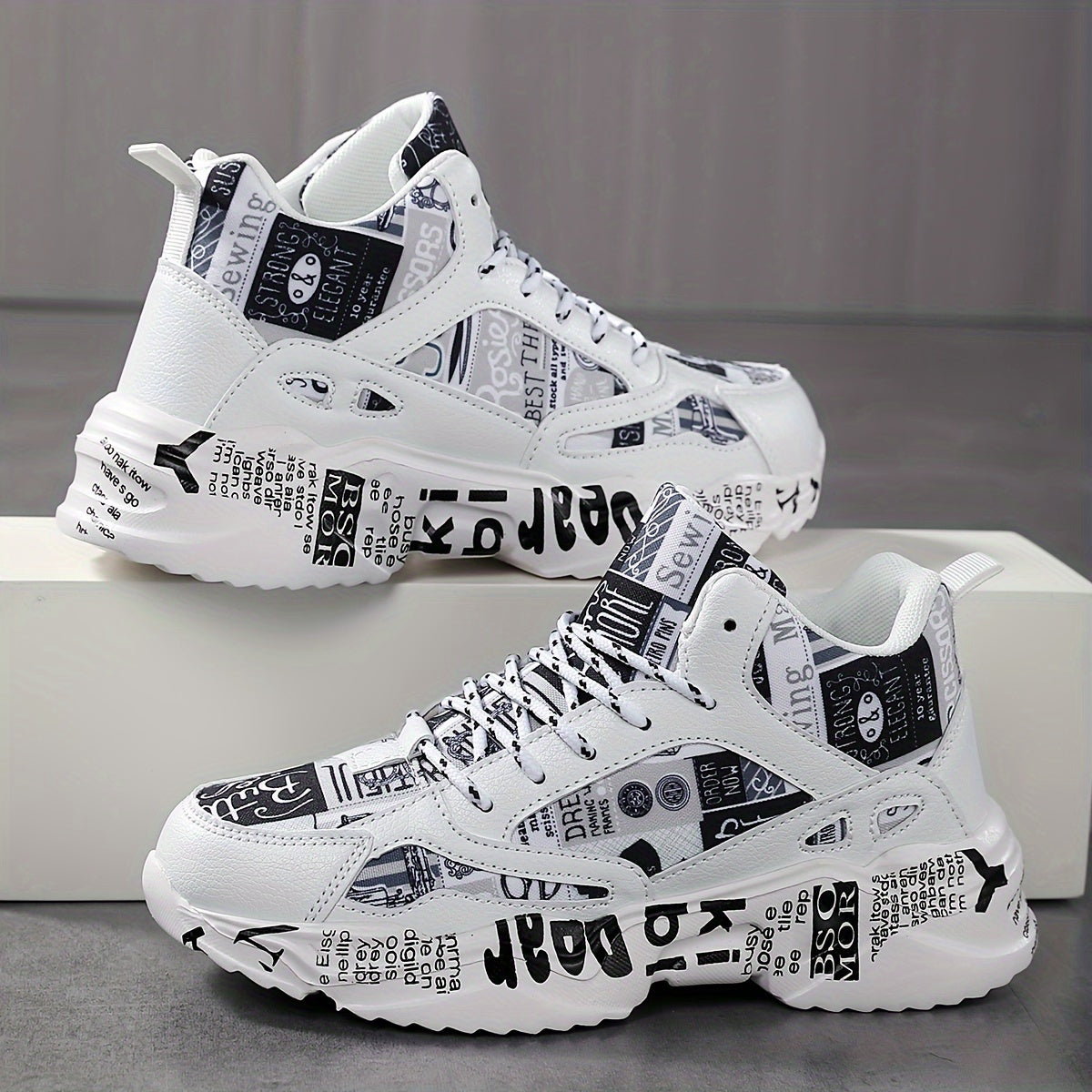 Trendy Graffiti Print Faux Leather Heighten Chunky Sneakers, Wear Resistance Non Slip Shock Absorption Sneakers, Casual Versatile Outdoor Sports Running Shoes Dad Shoes For Women & Men - Topdecheztop.fr