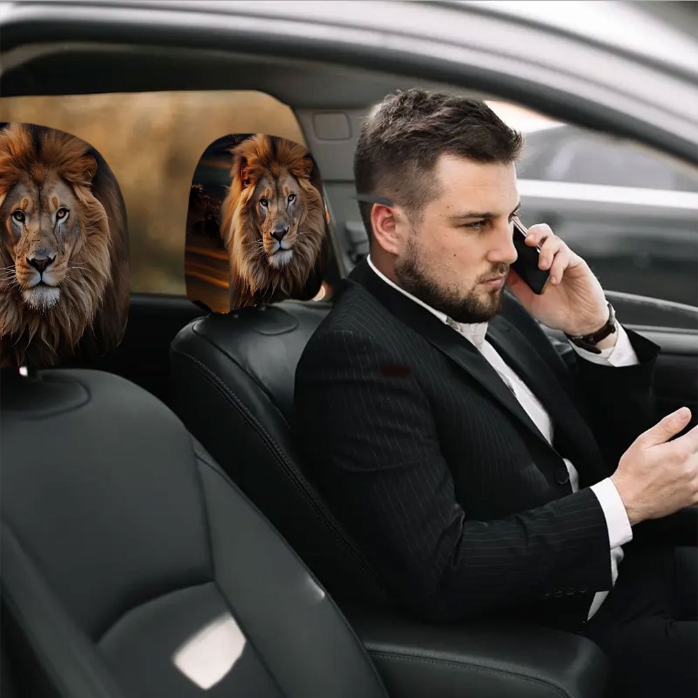 Ensemble de 2 housses d'appuie-tête de voiture à motif lion, élastiques