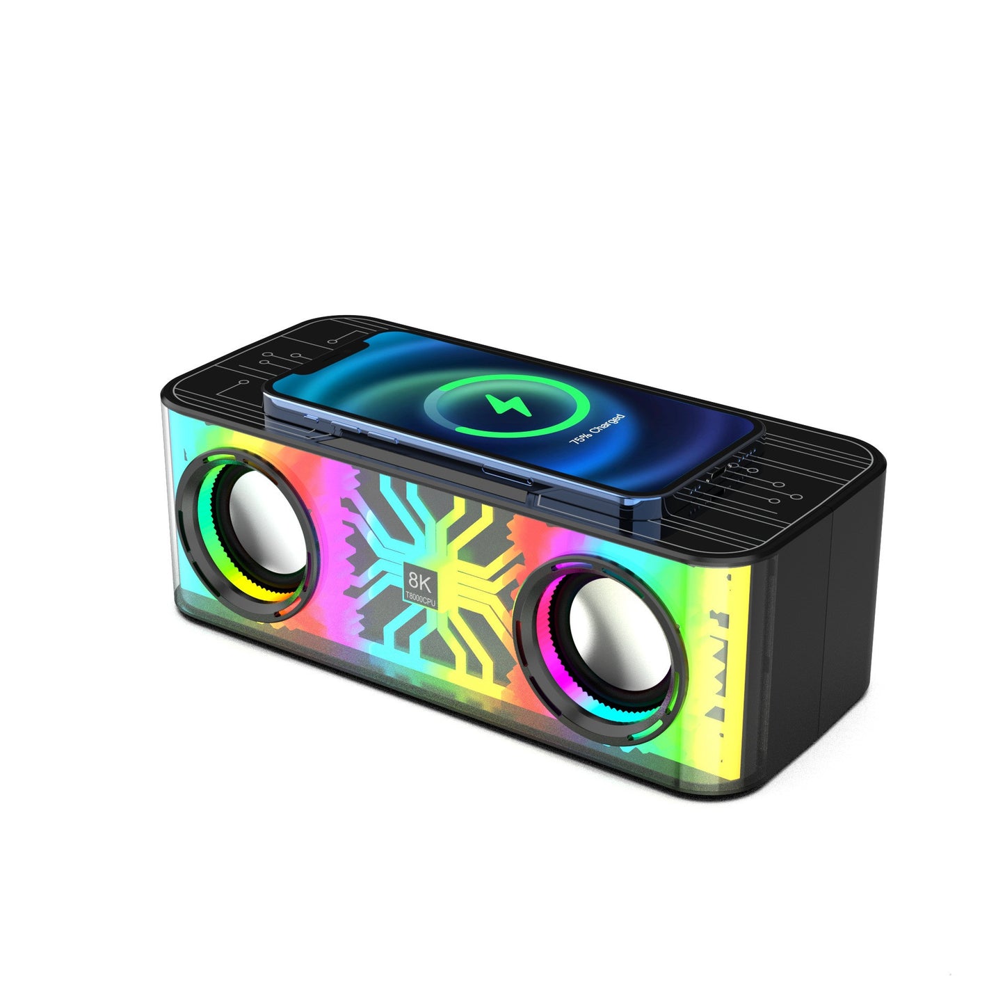 Enceinte Bluetooth lumineuse et colorée, double haut-parleur, chargeur sans fil