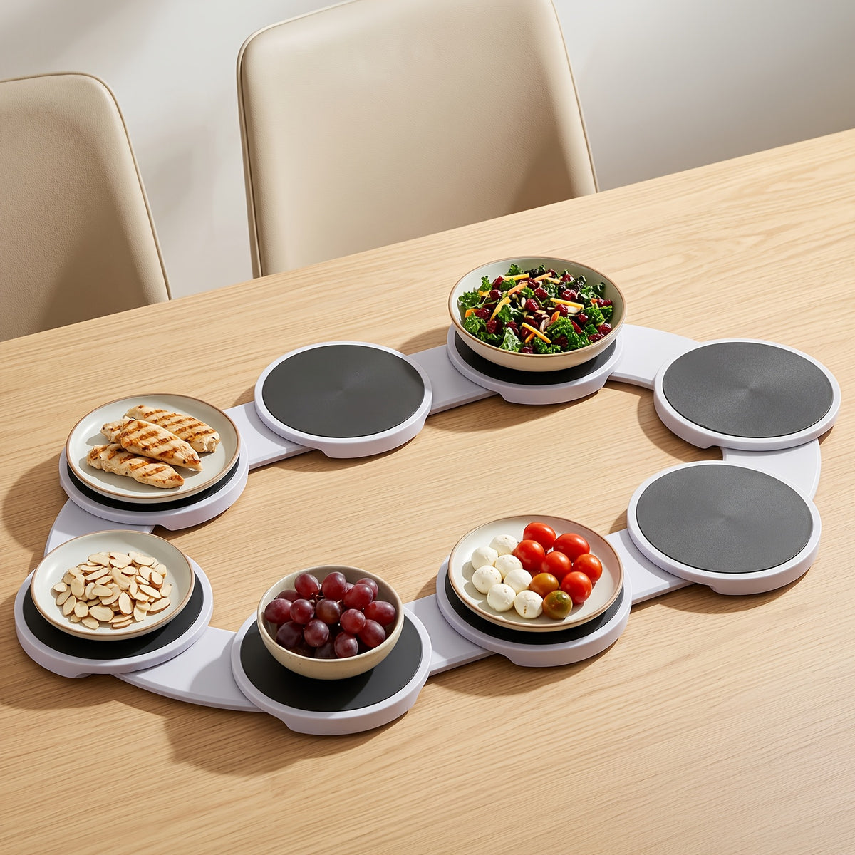 Plateau tournant rotatif extensible, plateau de service déformable à 8 compartiments et extension à une traction qui convient aux tables rondes, ovales et rectangulaires, grande capacité pour plusieurs tables, installation rapide et rangement facile, pour les banquets et fêtes de famille