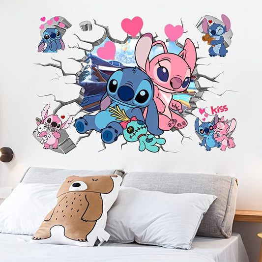 Stitch & Angel Heart Break Wall Decal - Large Waterproof PVC Sticker, Perfect for Bedroom & Playroom Decor, Featuring Beloved Cartoon Characters with Love Theme - Topdecheztop.fr