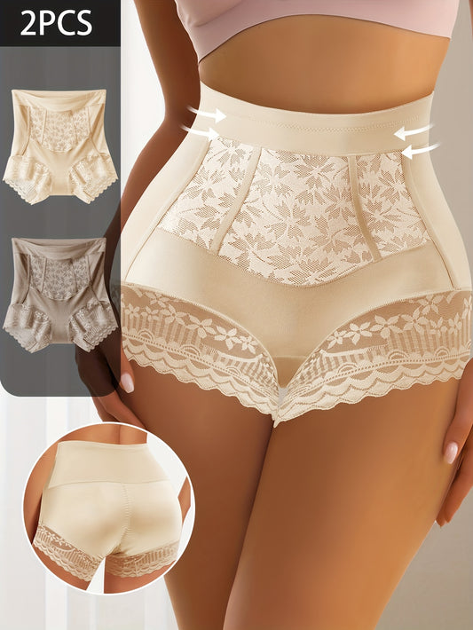 Lot de 2 culottes gainantes taille haute pour femmes, ornées de dentelle