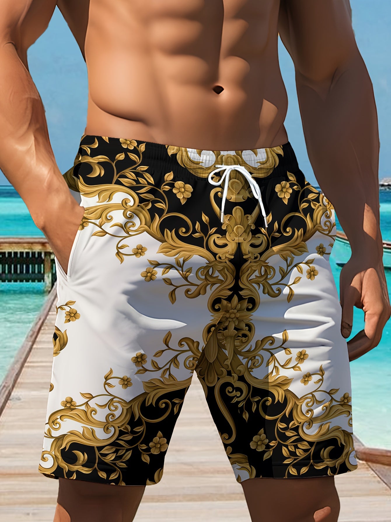 Short homme à cordon de serrage, motif géométrique élégant