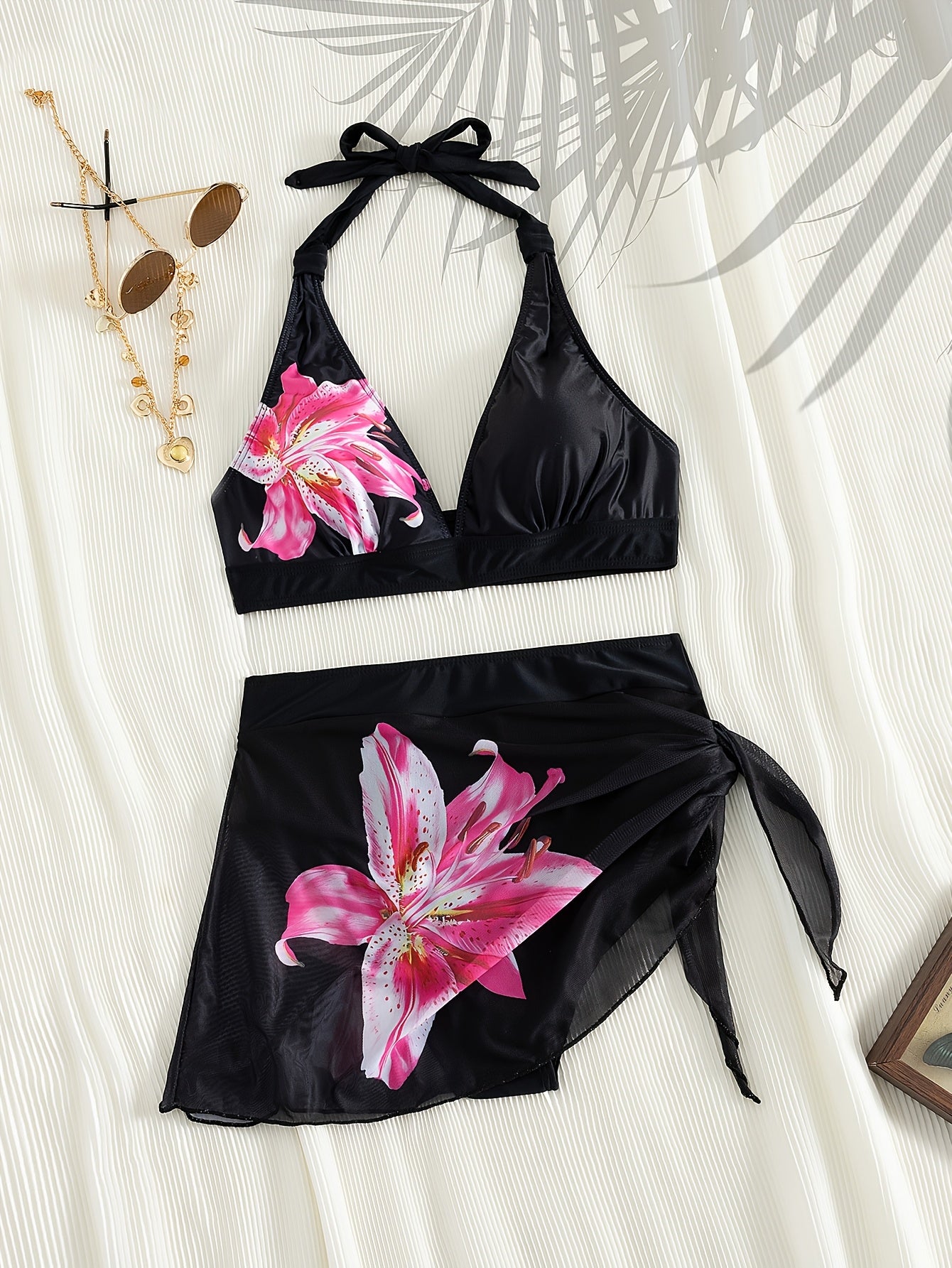 Ensemble bikini deux pièces pour femme, imprimé floral rose et lys