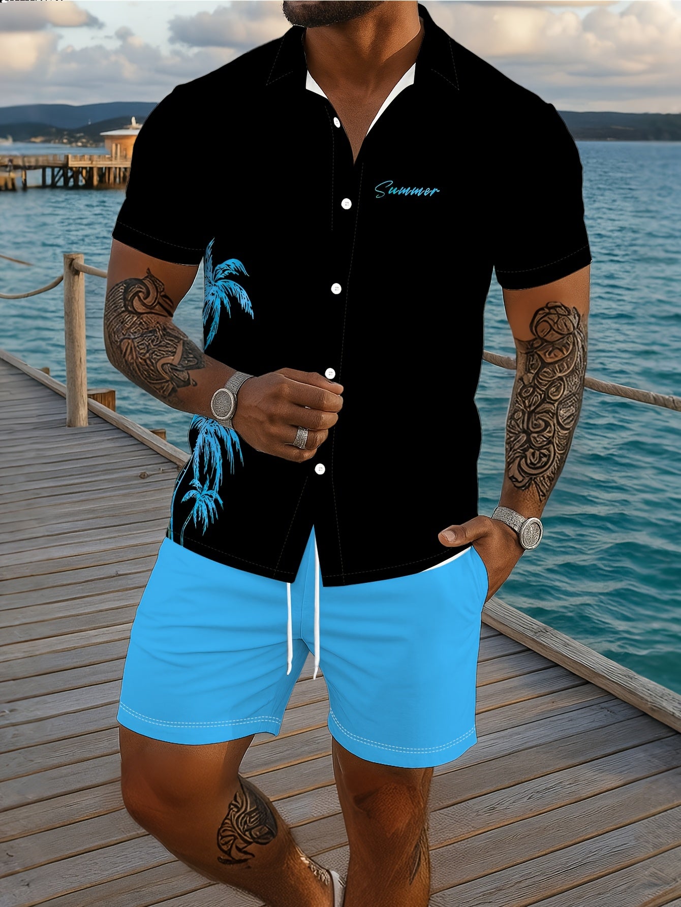 Ensemble chemise à manches courtes imprimée et short