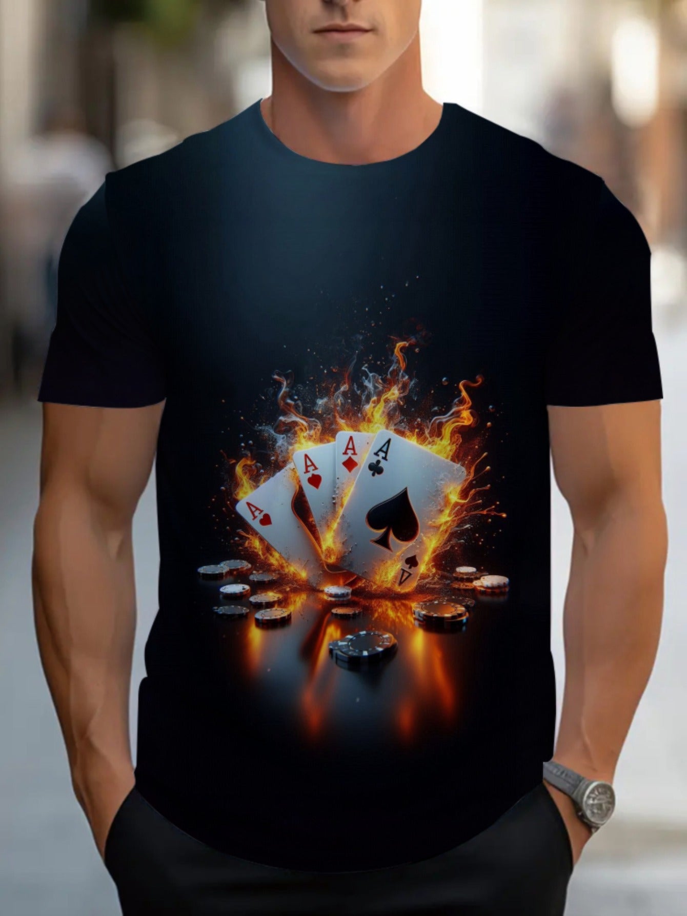 T-shirt noir pour homme avec motif dynamique de cartes de poker